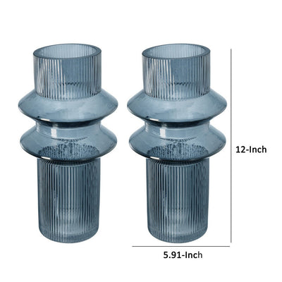 BENZARA Rae Set of 2 Glass Vases, Tall Round Cylinders, Smokey Blue, Clear Finish - BM284992