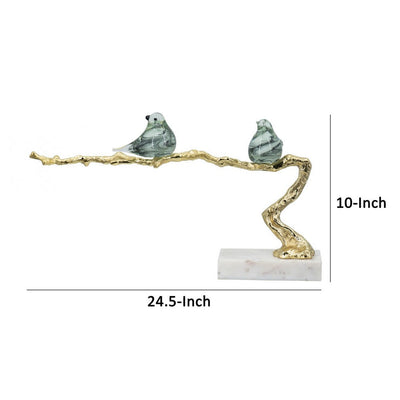 BENZARA Sue 25 Inch Accent Decor Sculpture, 2 Birds Sitting on Branch, Gold, White - BM285004