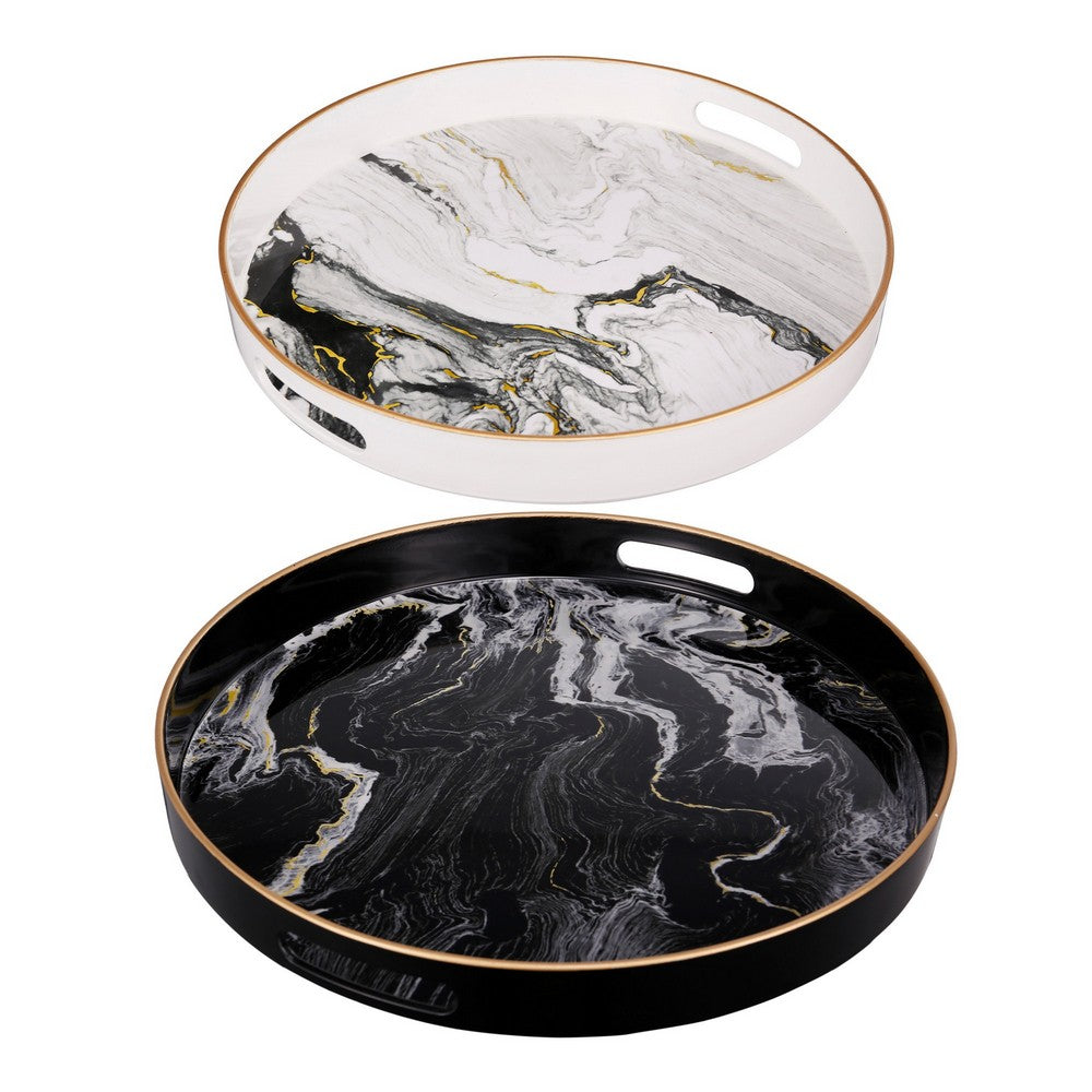 BENZARA Set of 2 Round Accent Trays, Tabletop Decor, Marbling, Black, White, Gold - BM285013