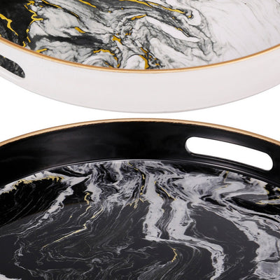 BENZARA Set of 2 Round Accent Trays, Tabletop Decor, Marbling, Black, White, Gold - BM285013