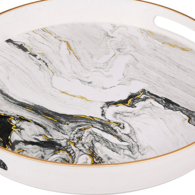 BENZARA Set of 2 Round Accent Trays, Tabletop Decor, Marbling, Black, White, Gold - BM285013