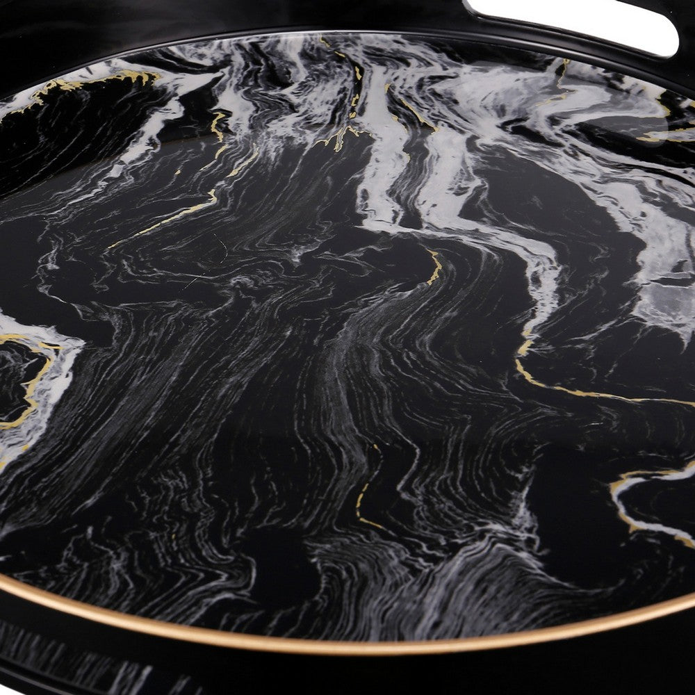 BENZARA Set of 2 Round Accent Trays, Tabletop Decor, Marbling, Black, White, Gold - BM285013