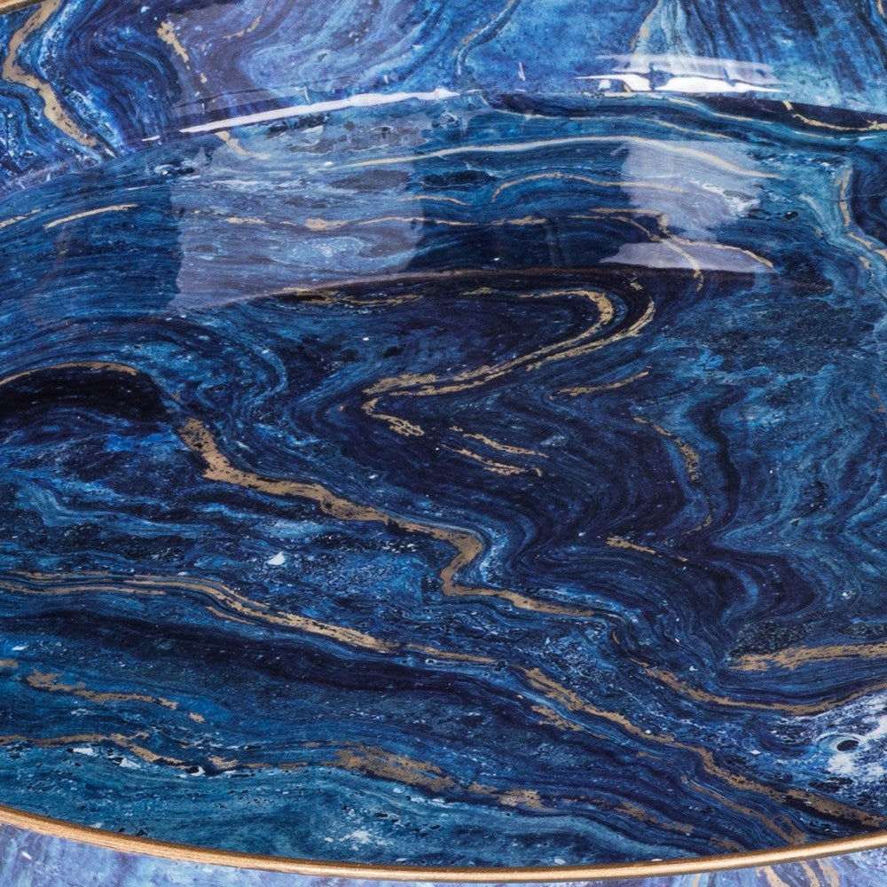 BENZARA Set of 2 Round Accent Trays, Tabletop Decor, Marbling, Blue, Gold Marbling - BM285014