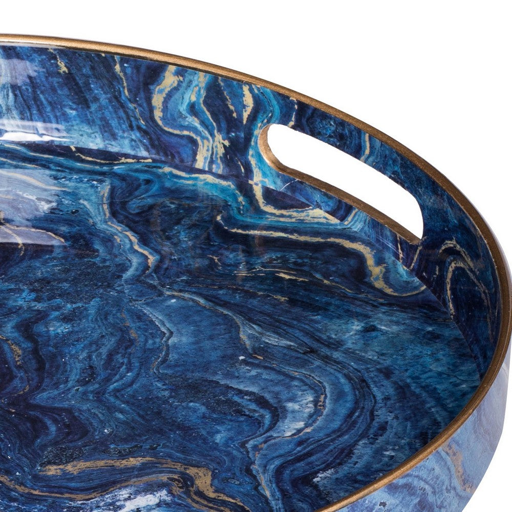 BENZARA Set of 2 Round Accent Trays, Tabletop Decor, Marbling, Blue, Gold Marbling - BM285014