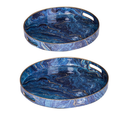 BENZARA Set of 2 Round Accent Trays, Tabletop Decor, Marbling, Blue, Gold Marbling - BM285014