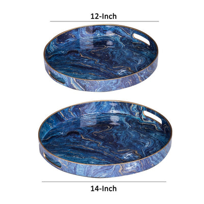 BENZARA Set of 2 Round Accent Trays, Tabletop Decor, Marbling, Blue, Gold Marbling - BM285014