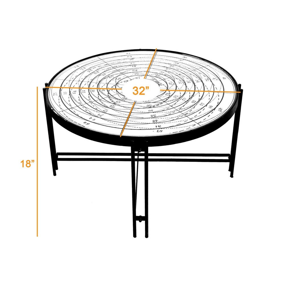 BENZARA 32 Inch Nautical Mirror Top Coffee Table, Vintage Compass Design, White, Black - BM285039