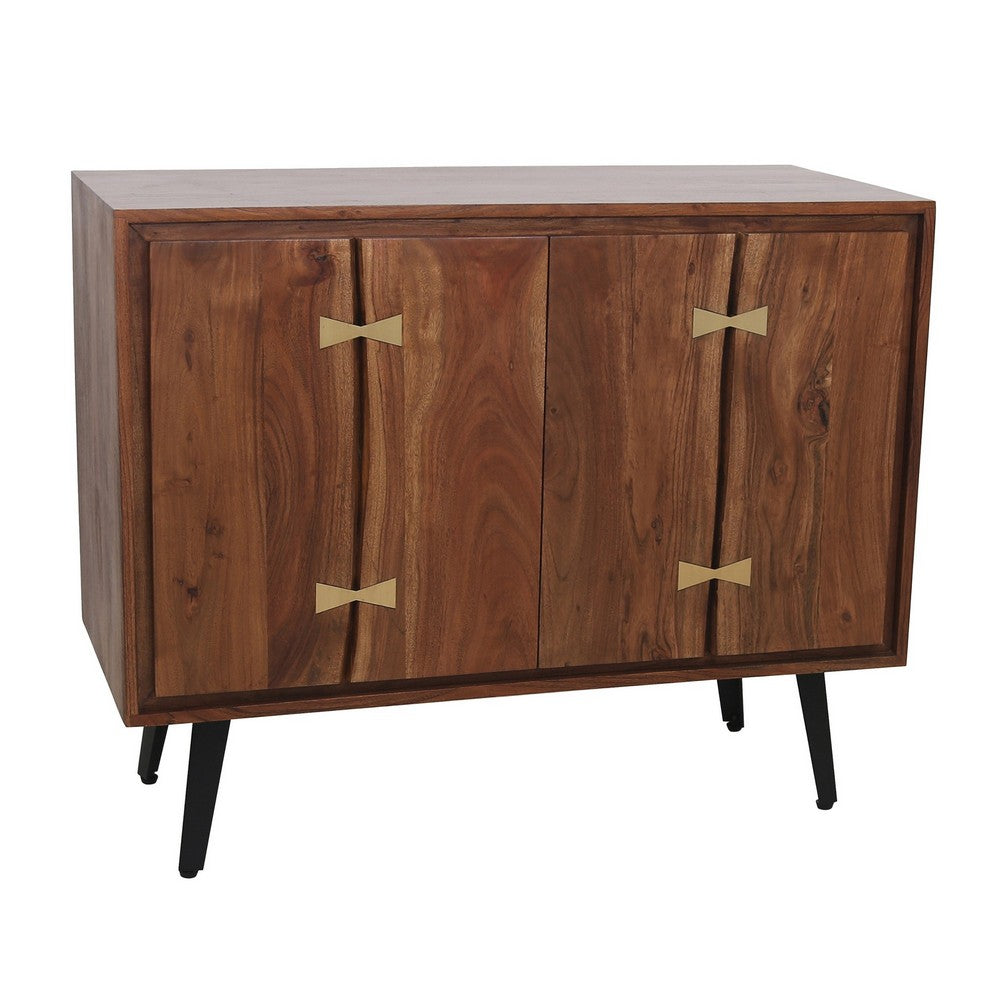 BENZARA 39 Inch Sideboard Cabinet Console Table, Double Doors, Gold Accents, Brown - BM285046