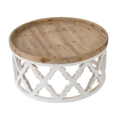 BENZARA Ode 32 Inch Coffee Table, Round, Quatrefoil Lattice Design, Brown, White - BM285117