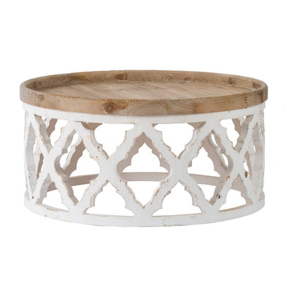 BENZARA Ode 32 Inch Coffee Table, Round, Quatrefoil Lattice Design, Brown, White - BM285117