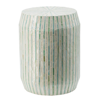 BENZARA 18 Inch Stool Table, Modern, Round Drum Design, Capiz Shells, Blue Finish - BM285125