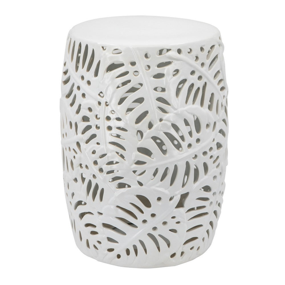 BENZARA 19 Inch Stool Table, Round Drum, Ceramic, Palm Leaf Design, Glossy White - BM285126