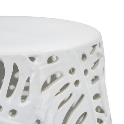 BENZARA 19 Inch Stool Table, Round Drum, Ceramic, Palm Leaf Design, Glossy White - BM285126