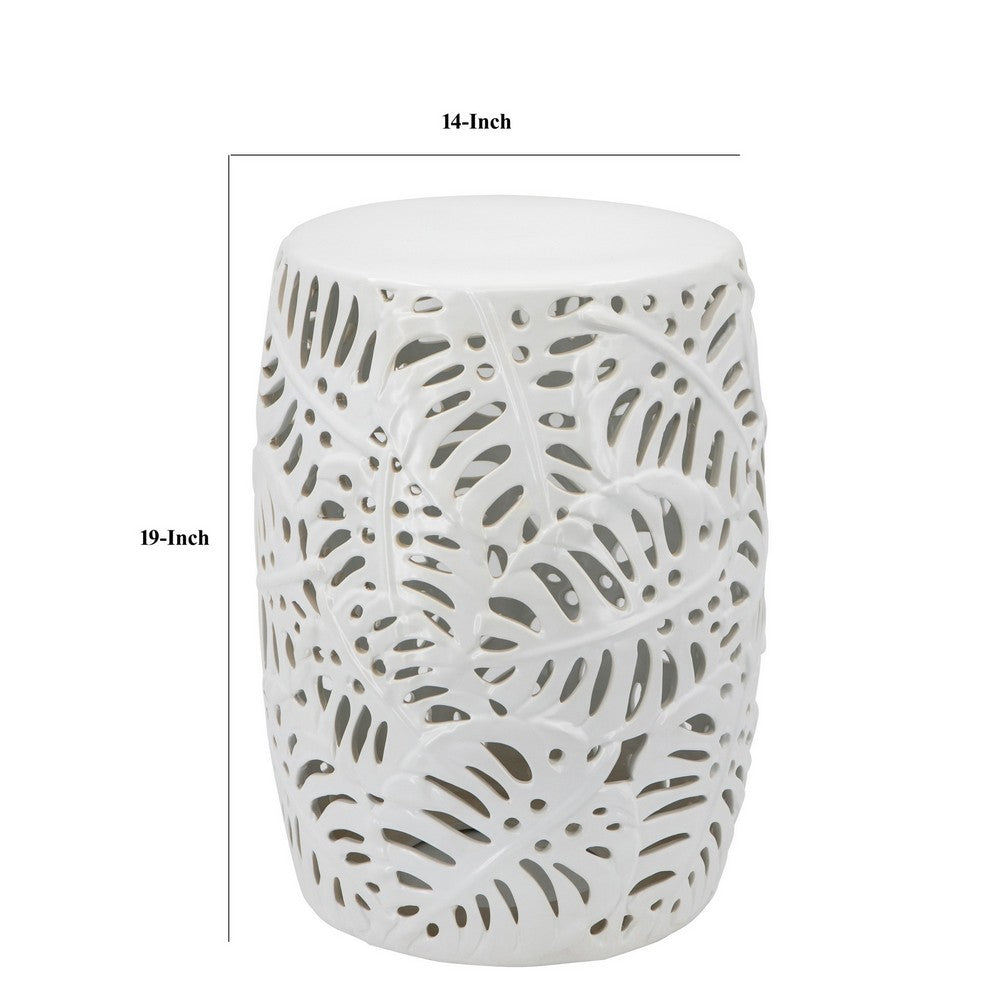 BENZARA 19 Inch Stool Table, Round Drum, Ceramic, Palm Leaf Design, Glossy White - BM285126