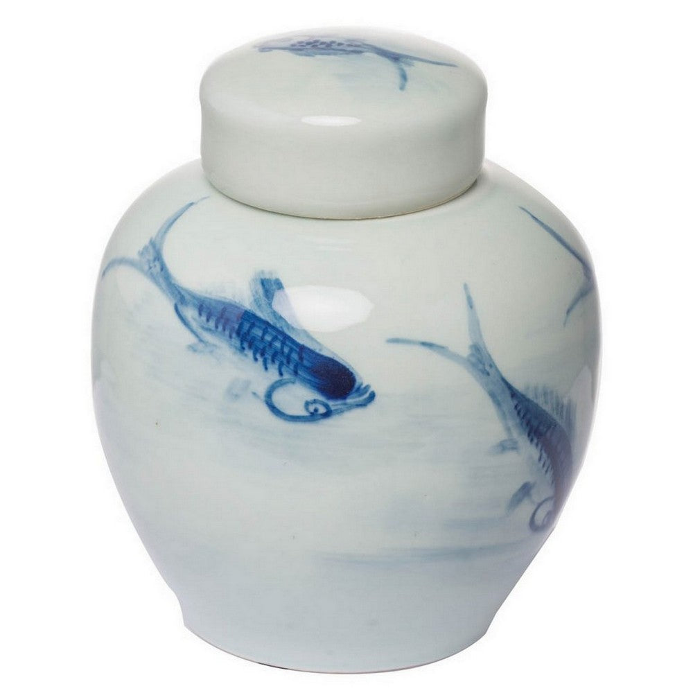 BENZARA 8 Inch Lidded Ginger Jar, Painted Koi Fish, White Blue Porcelain, Set of 2 - BM286405