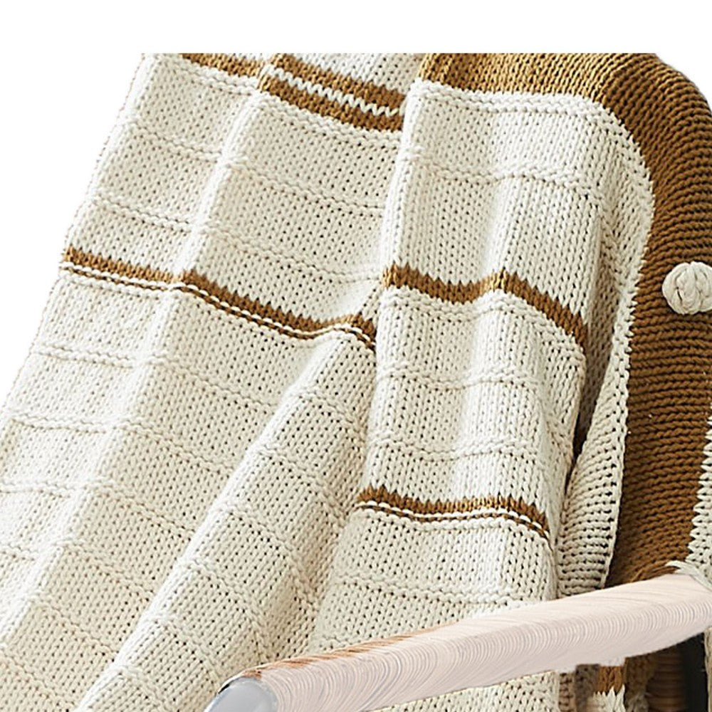 BENZARA Kai 50 x 70 Throw Blanket with Fringes, Soft Knitted Cotton, Ivory, Gold - BM287506