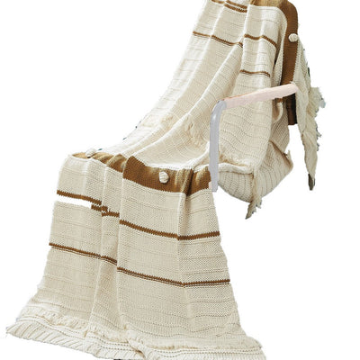 BENZARA Kai 50 x 70 Throw Blanket with Fringes, Soft Knitted Cotton, Ivory, Gold - BM287506