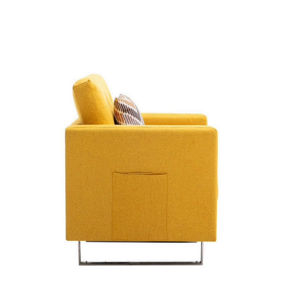 BENZARA Lewa 34 inch Modern Accent Armchair, Silver Metal Legs, Tufted Seat, Yellow - BM287619