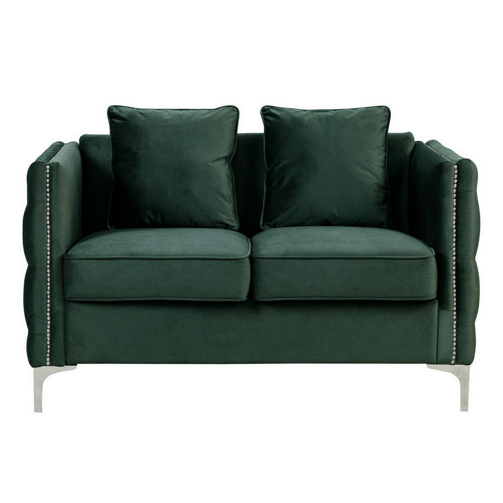 BENZARA Zion 53 Inch Accent Loveseat, Nailhead Trim, Button Tufted, Green Velvet - BM287658