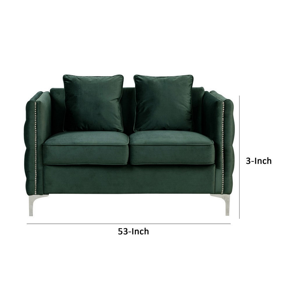 BENZARA Zion 53 Inch Accent Loveseat, Nailhead Trim, Button Tufted, Green Velvet - BM287658