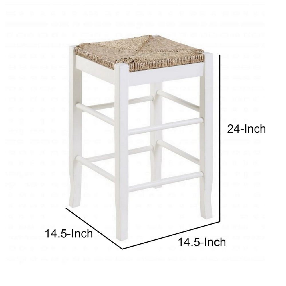 BENZARA Square Wooden Frame Counter Stool with Hand Woven Rush, White and Brown - BM61433