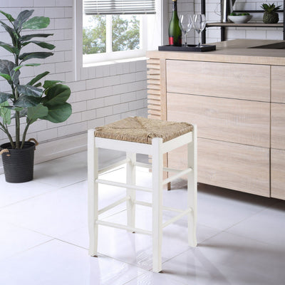 BENZARA Square Wooden Frame Counter Stool with Hand Woven Rush, White and Brown - BM61433