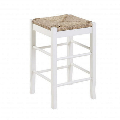 BENZARA Square Wooden Frame Counter Stool with Hand Woven Rush, White and Brown - BM61433