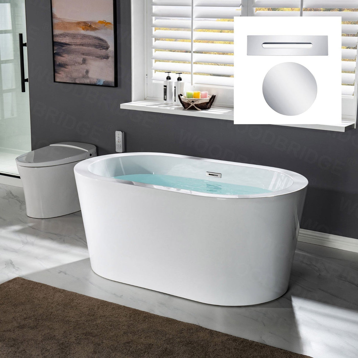 WoodBridge BTA0088 56" White Acrylic Freestanding Soaking Bathtub With Chrome Drain and Overflow