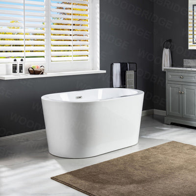 WoodBridge BTA0088 56" White Acrylic Freestanding Soaking Bathtub With Chrome Drain and Overflow