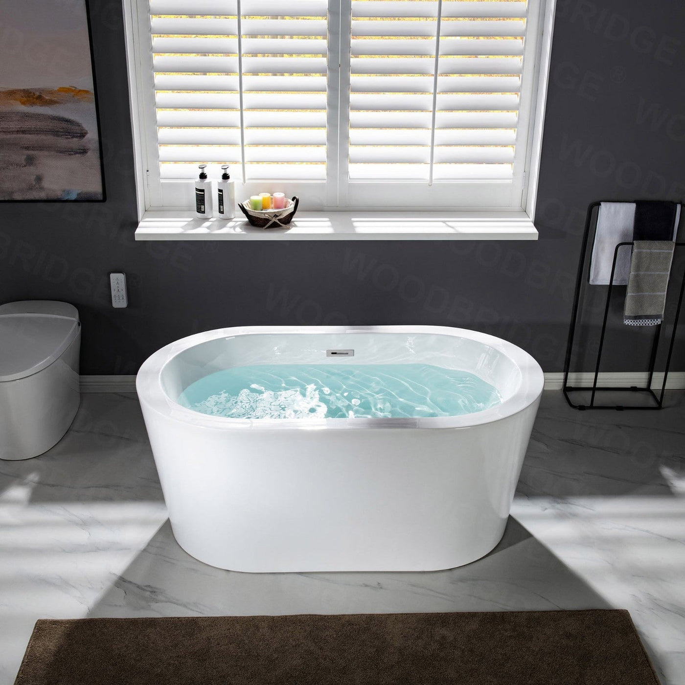 WoodBridge BTA0088 56" White Acrylic Freestanding Soaking Bathtub With Chrome Drain and Overflow