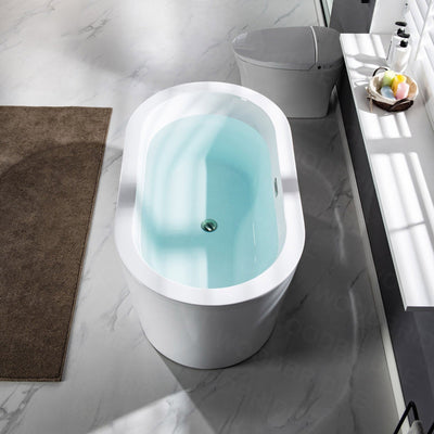 WoodBridge BTA0088 56" White Acrylic Freestanding Soaking Bathtub With Chrome Drain and Overflow