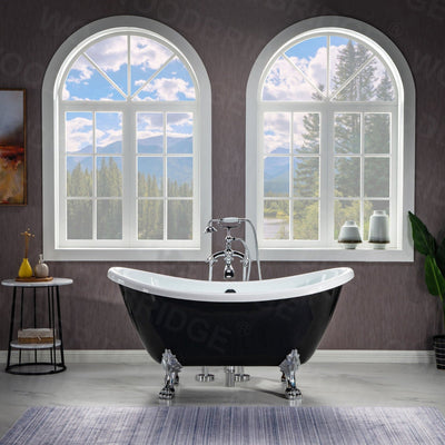 WoodBridge 59" Black Acrylic Double Slipper Clawfoot Bath Tub With Chrome Feet, Drain and Overflow