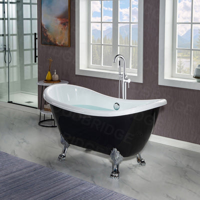 WoodBridge 59" Black Acrylic Double Slipper Clawfoot Bath Tub With Chrome Feet, Drain and Overflow