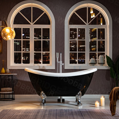 WoodBridge 59" Black Acrylic Double Slipper Clawfoot Bath Tub With Chrome Feet, Drain and Overflow