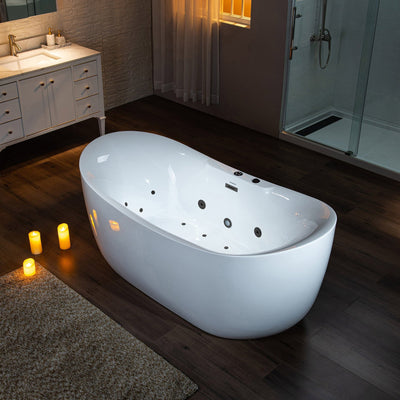 WoodBridge 72" White Acrylic Freestanding Whirlpool Water Jetted and Air Bubble Soaking Bathtub With LED Control Panel, Matte Black Finish Trim and Drain Kit