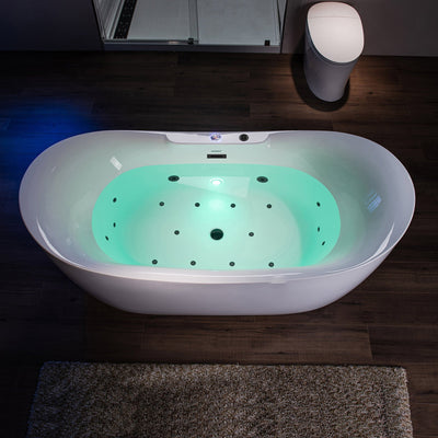 WoodBridge 72" White Acrylic Freestanding Whirlpool Water Jetted and Air Bubble Soaking Bathtub With LED Control Panel, Matte Black Finish Trim and Drain Kit