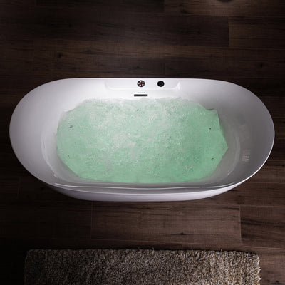 WoodBridge 72" White Acrylic Freestanding Whirlpool Water Jetted and Air Bubble Soaking Bathtub With LED Control Panel, Matte Black Finish Trim and Drain Kit