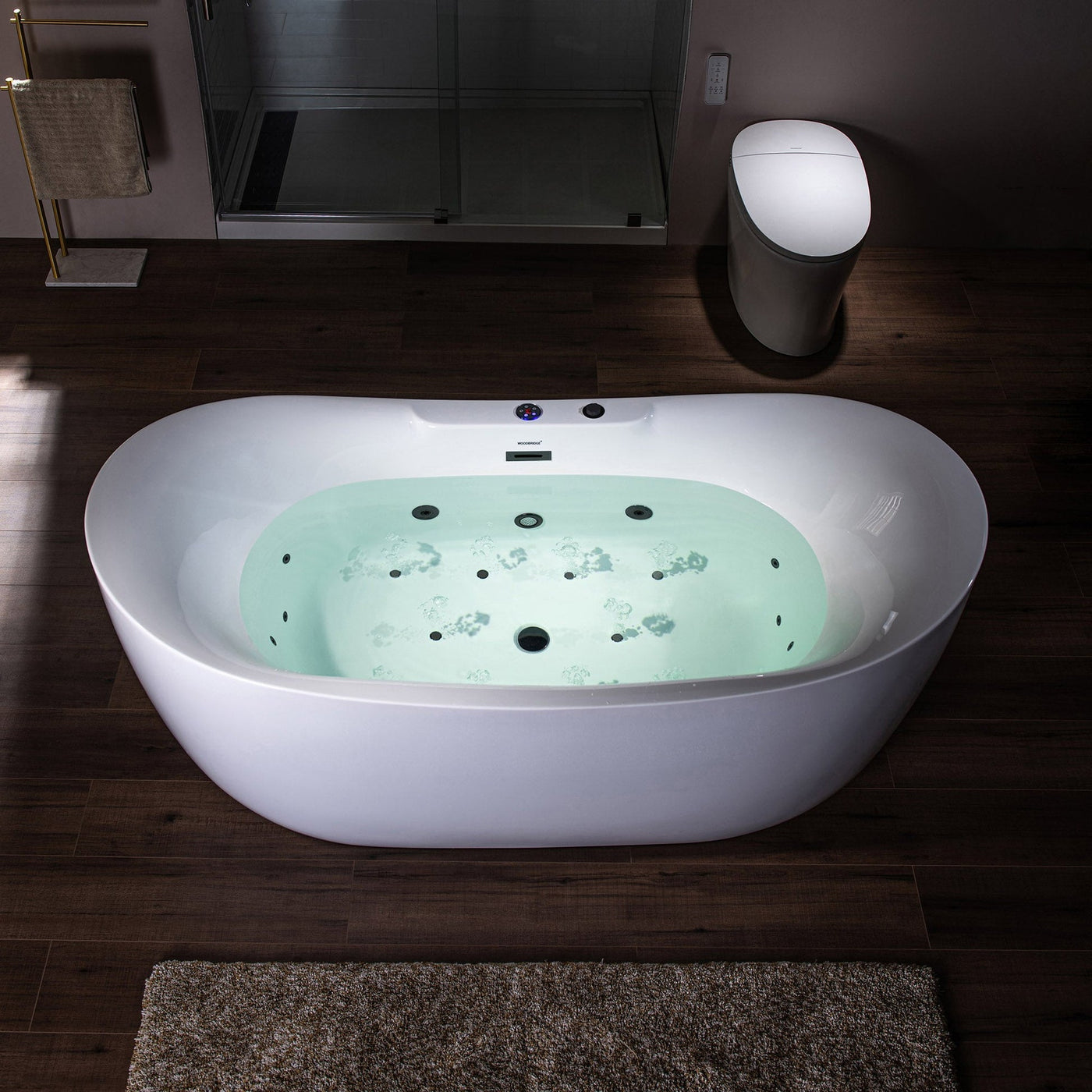 WoodBridge 72" White Acrylic Freestanding Whirlpool Water Jetted and Air Bubble Soaking Bathtub With LED Control Panel, Matte Black Finish Trim and Drain Kit