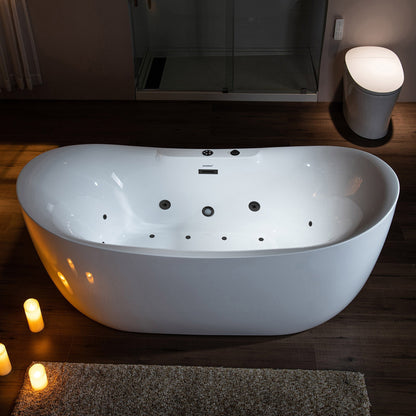 WoodBridge 72" White Acrylic Freestanding Whirlpool Water Jetted and Air Bubble Soaking Bathtub With LED Control Panel, Matte Black Finish Trim and Drain Kit