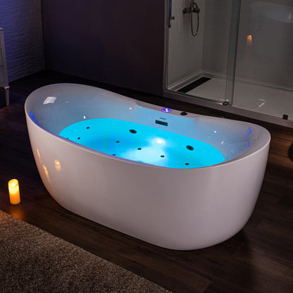 WoodBridge 72" White Acrylic Freestanding Whirlpool Water Jetted and Air Bubble Soaking Bathtub With LED Control Panel, Matte Black Finish Trim and Drain Kit