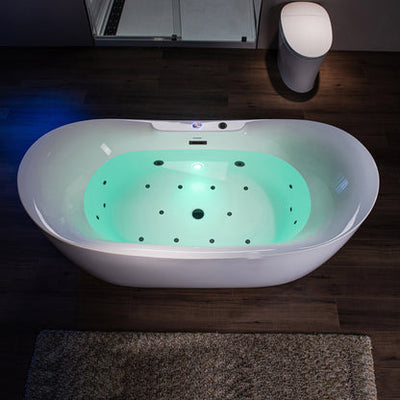 WoodBridge 72" White Acrylic Freestanding Whirlpool Water Jetted and Air Bubble Soaking Bathtub With LED Control Panel, Matte Black Finish Trim and Drain Kit