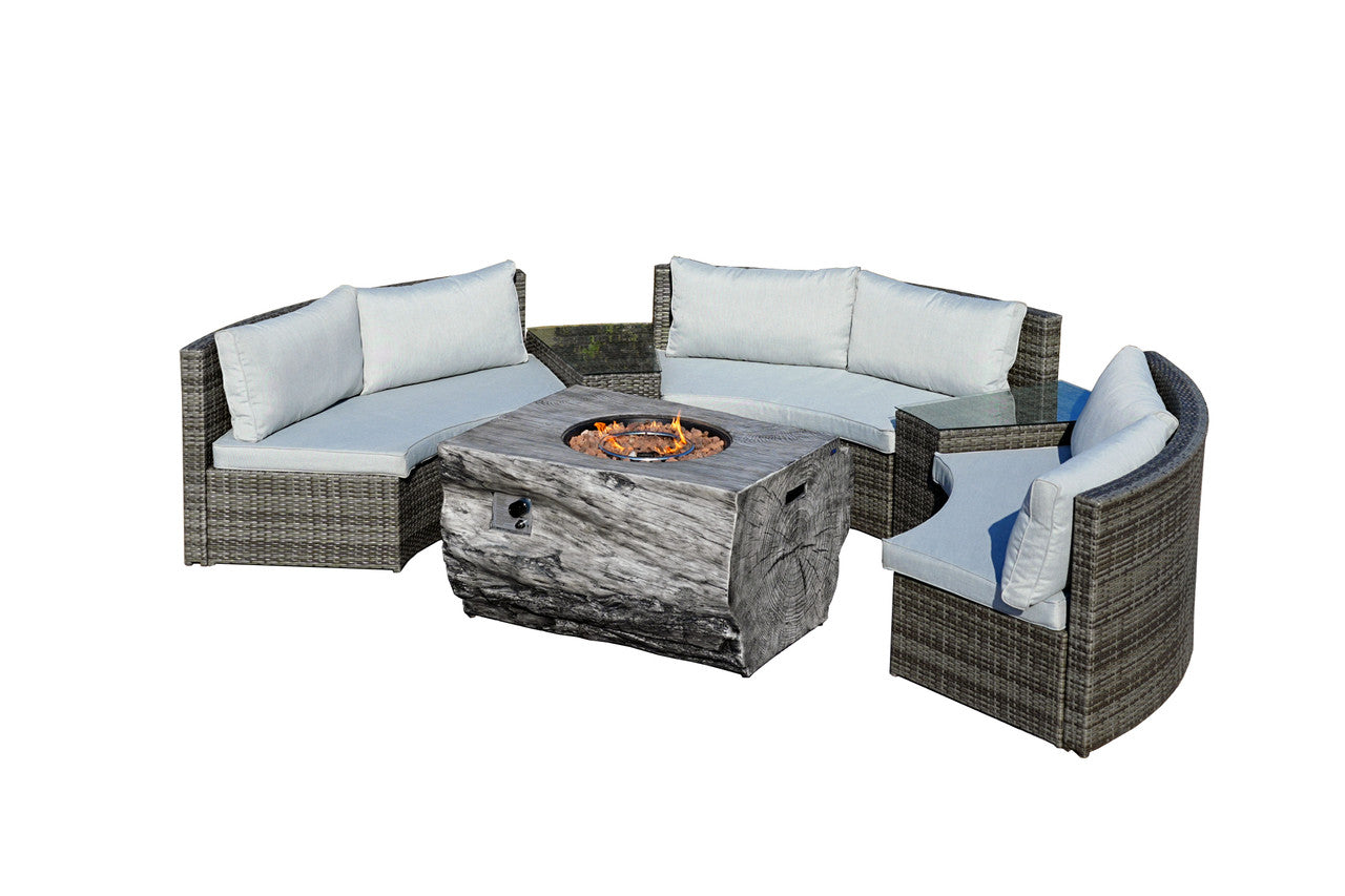 Direct Wicker Half-Moon Gray Wicker Seating Sofa Set with Wood Grain Firepit