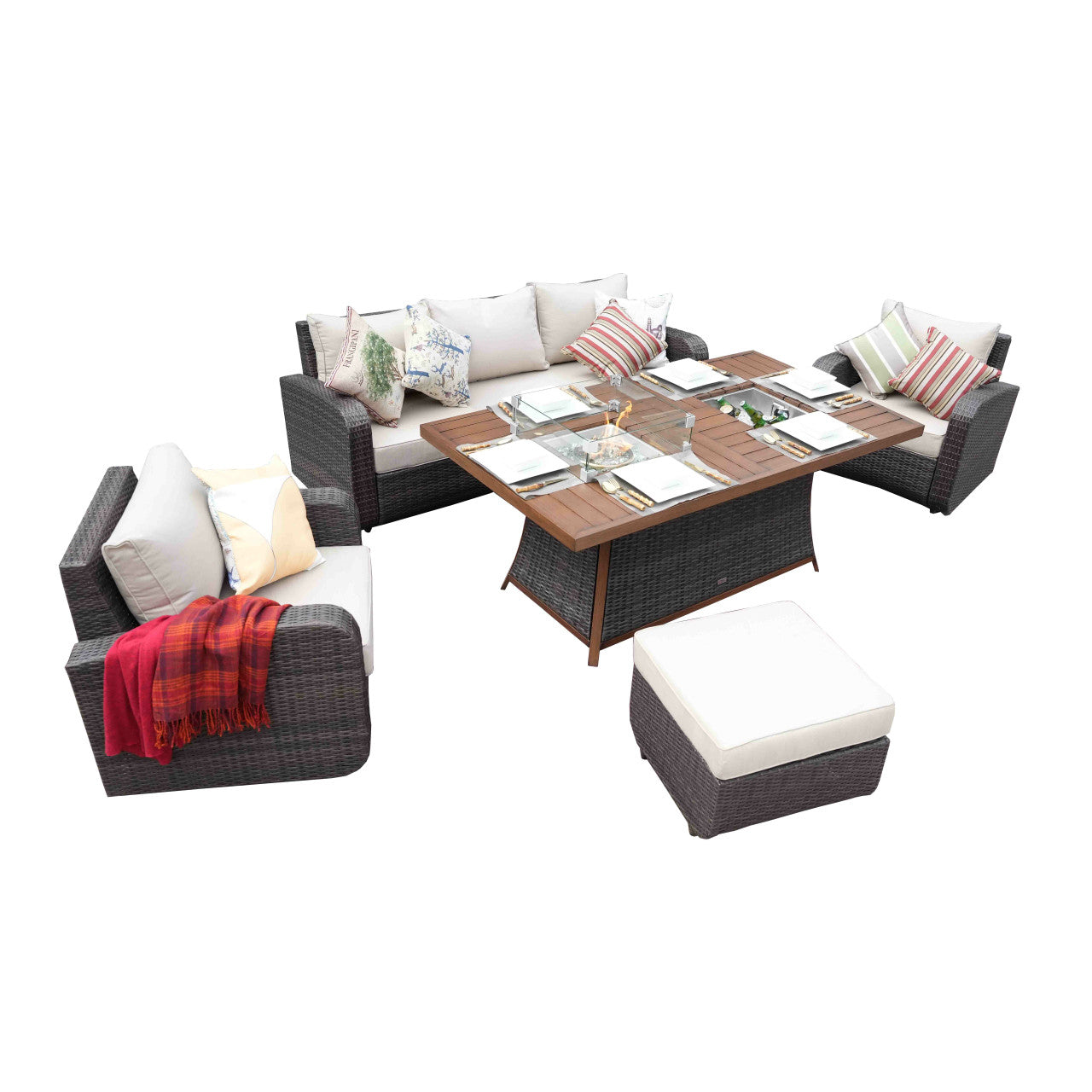 Direct Wicker 5-Piece Patio Brown Wicker Seating Sofa Set with Firepit Dining Table