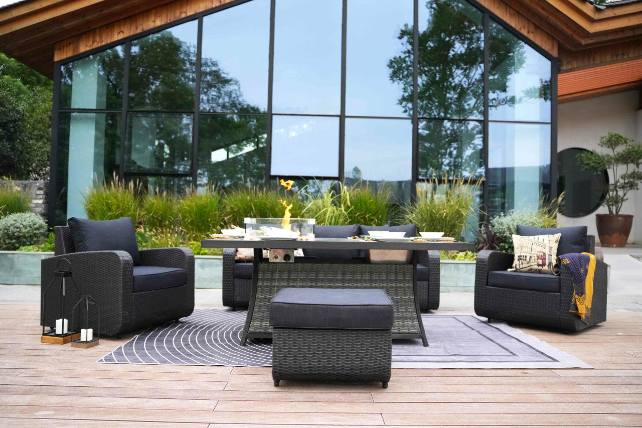 Direct Wicker 5-Piece Patio Black Wicker Seating Sofa Set with Firepit Table