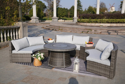 Direct Wicker Sectional Patio Gray Wicker Seating Set with Round Firepit Table