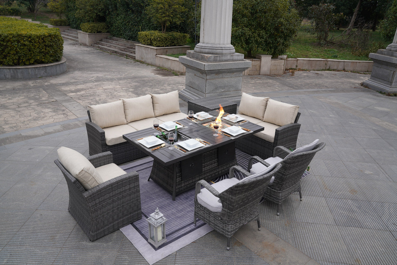 Direct Wicker 7-Piece Patio Gray Rattan Firepit Dining Table Set with Ice Bucket