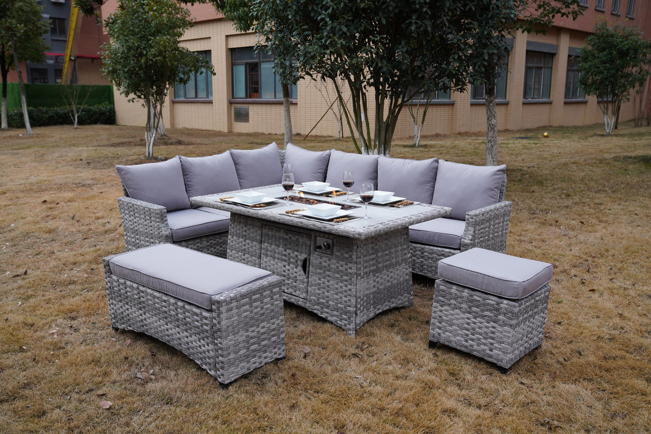 Direct Wicker 5-Piece Gray Rattan Patio Dining Sofa Set with Fire Pit Table