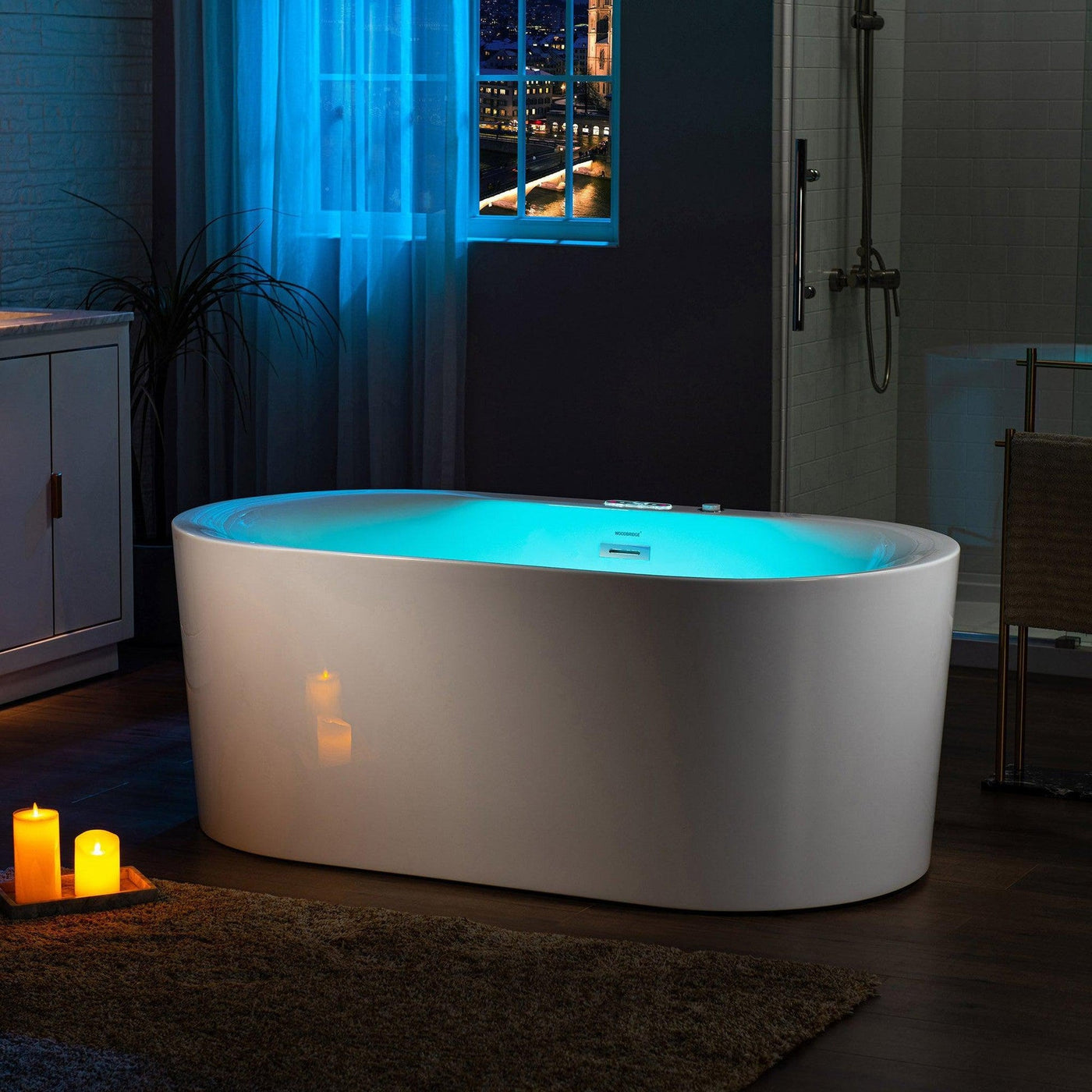 WoodBridge BJ100 60" White Acrylic Freestanding Whirlpool Water Jetted and Air Bubble Heated Soaking Bathtub With LED Control Panel