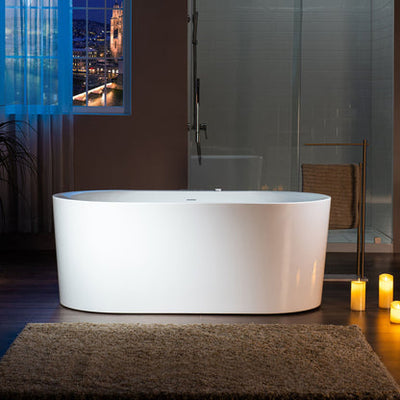 WoodBridge BJ100 60" White Acrylic Freestanding Whirlpool Water Jetted and Air Bubble Heated Soaking Bathtub With LED Control Panel