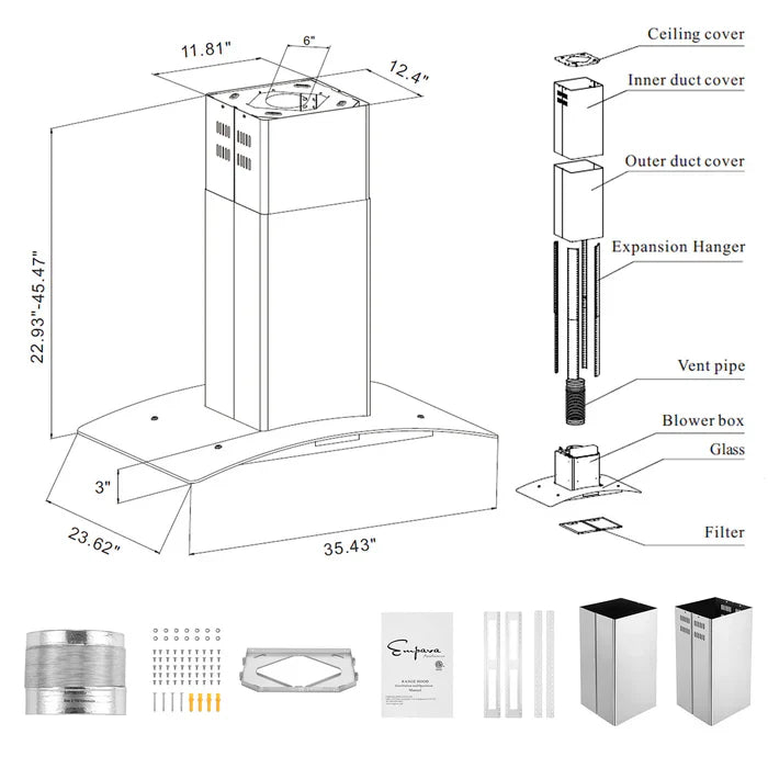 Empava 36 in. Kitchen 400 CFM Island Wall Mount Ducted Range Hood 36RH09 EMPV-36RH09